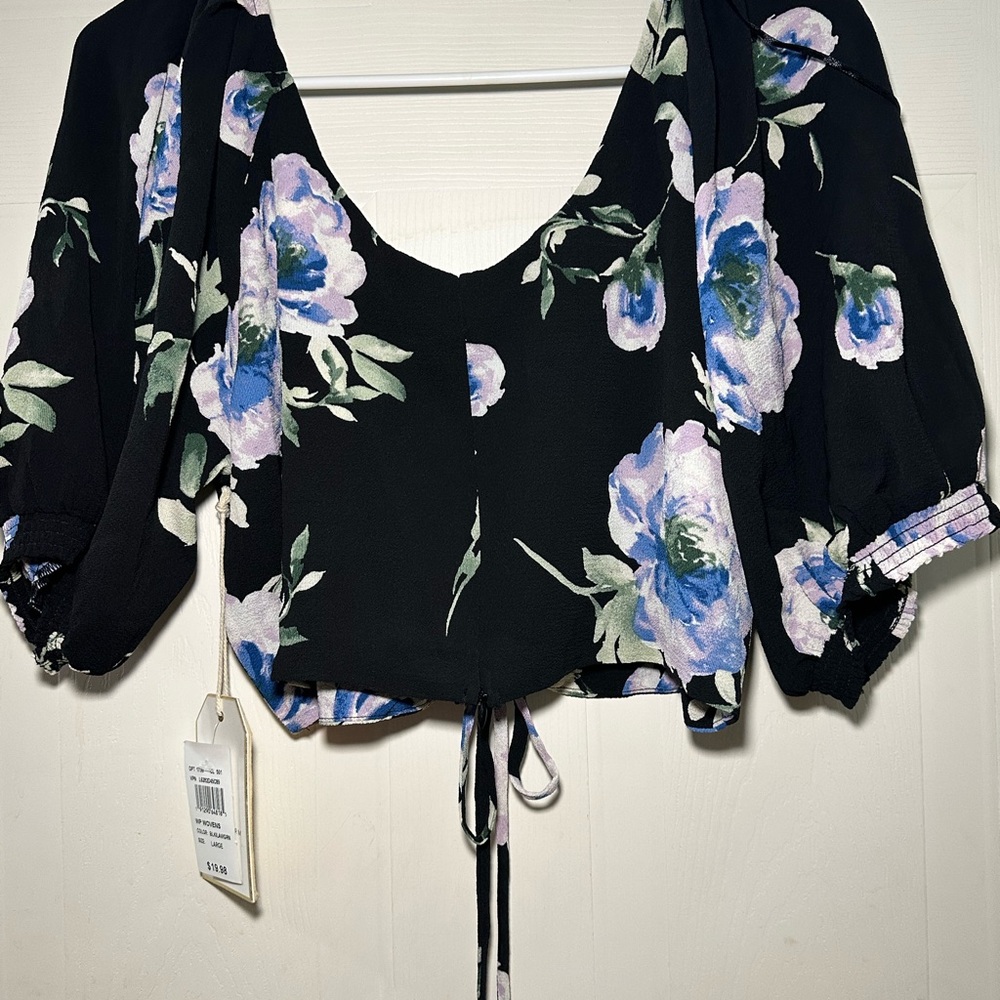 Blue and Purple Crop Tie Front Blouse